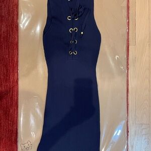 Michael Kors Navy Ribbed Lace-Up Midi Dress